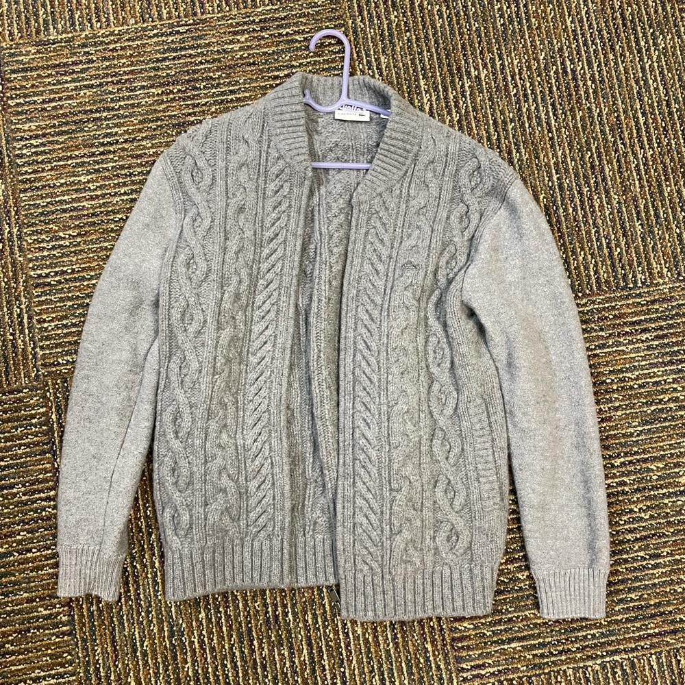 Lacoste Grey Zip Up Cable Knit Sweater
